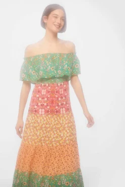 * Vestido Midi Escote Hombros Volante Verde Sale