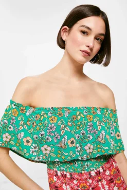 * Vestido Midi Escote Hombros Volante Verde Sale