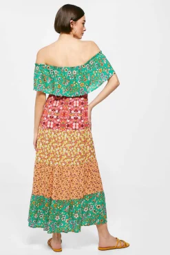 * Vestido Midi Escote Hombros Volante Verde Sale