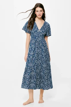 * Vestido Midi Espalda Fantasia Lino Algodon Azul Medio Best
