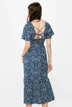 * Vestido Midi Espalda Fantasia Lino Algodon Azul Medio Best