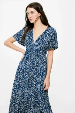 * Vestido Midi Espalda Fantasia Lino Algodon Azul Medio Best