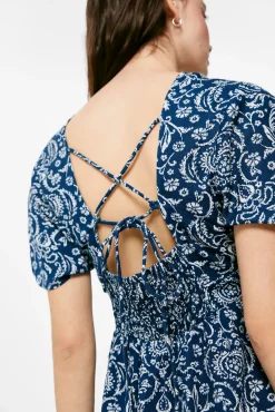 * Vestido Midi Espalda Fantasia Lino Algodon Azul Medio Best