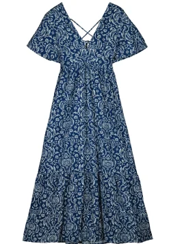* Vestido Midi Espalda Fantasia Lino Algodon Azul Medio Best