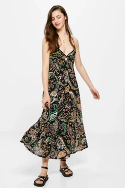 * Vestido Midi Estampado Escote Arandela Negro Sale