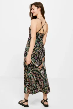 * Vestido Midi Estampado Escote Arandela Negro Sale