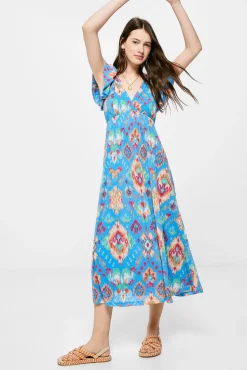 * Vestido Midi Estampado Espalda Zigzag Azul Best