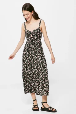 * Vestido Midi Estampado Escote Nudo Negro Discount