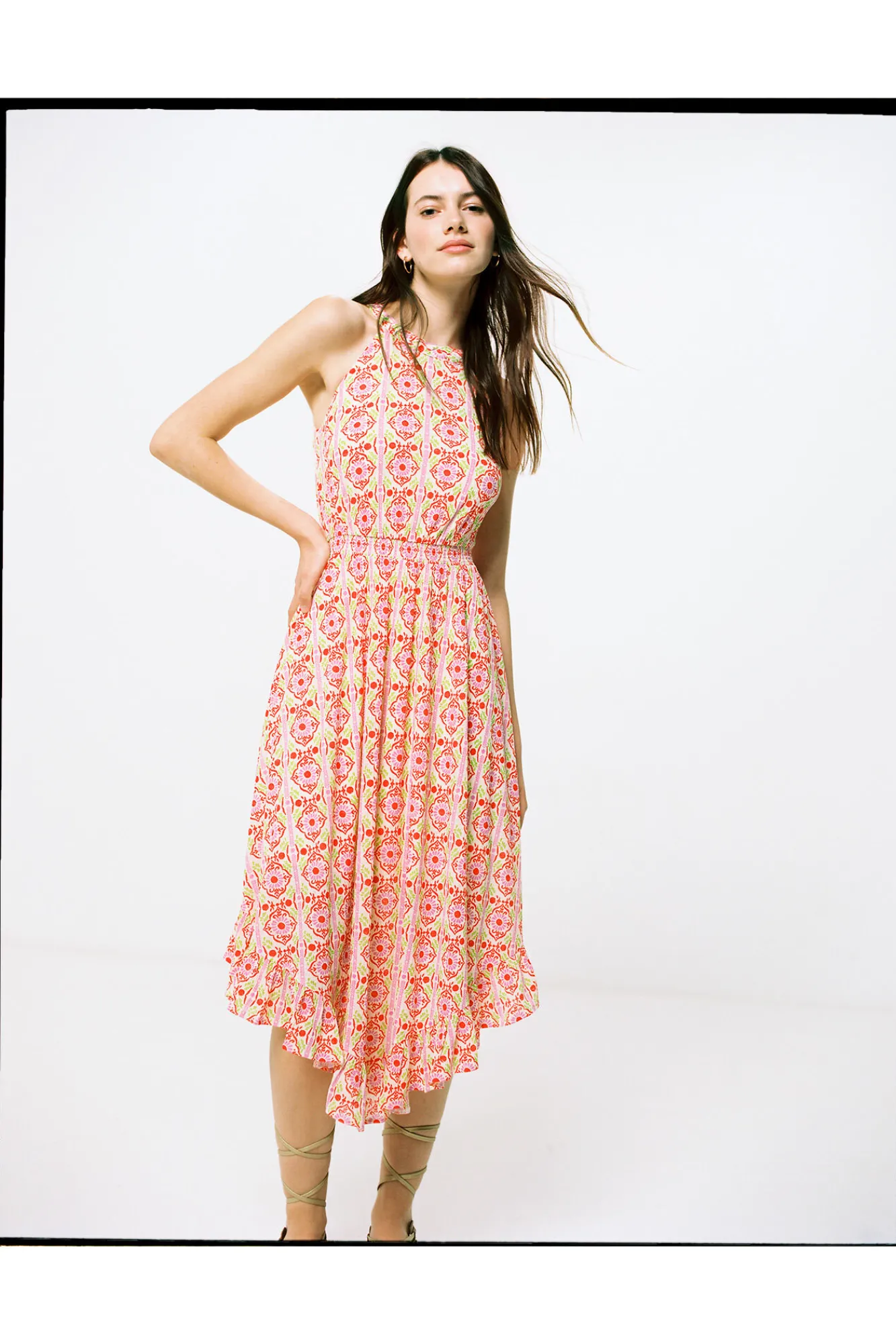 * Vestido Midi Estampado Picos Estamapado Naranja Hot