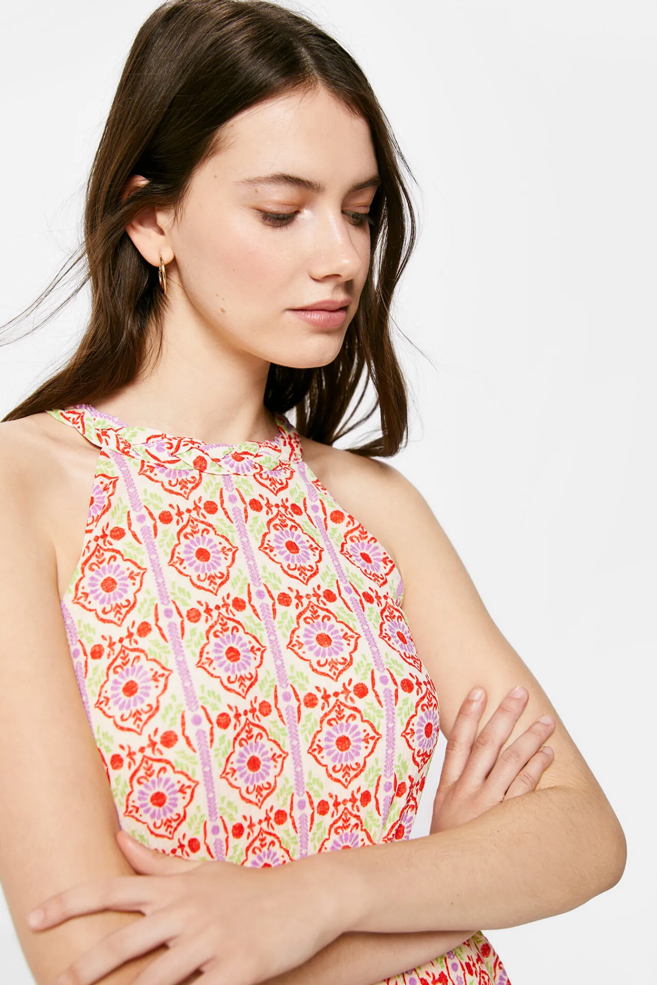* Vestido Midi Estampado Picos Estamapado Naranja Hot