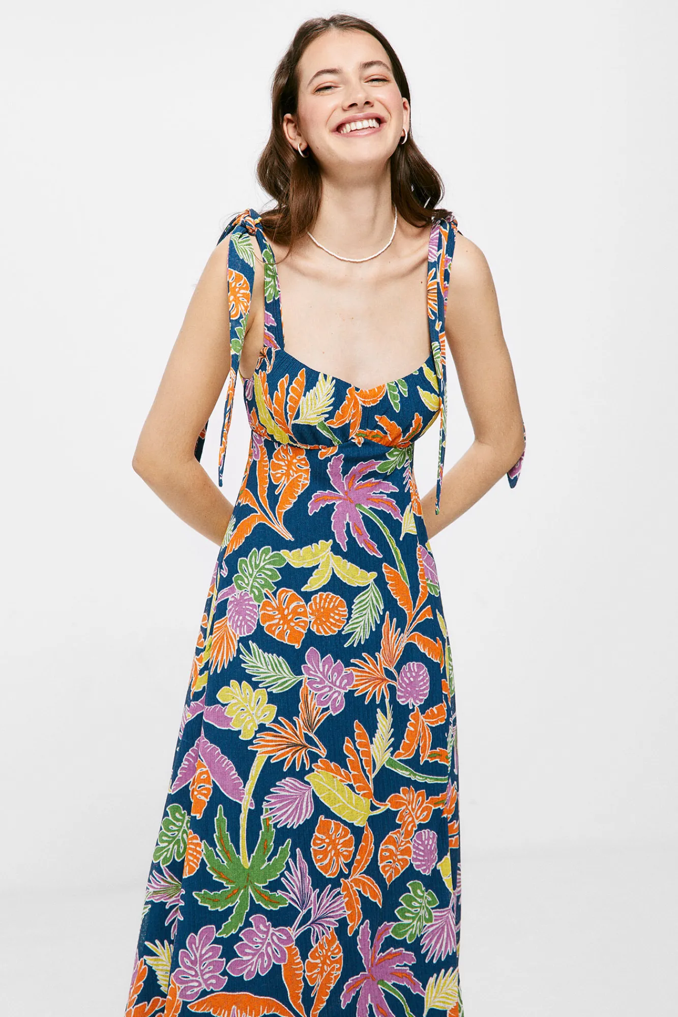 * Vestido Midi Estampado Tropical Azul Discount