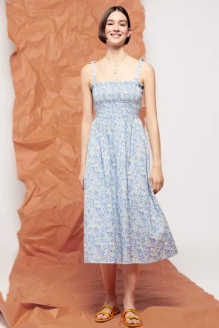 * Vestido Midi Flores Lino Algodon Azul Claro Best