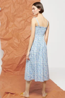* Vestido Midi Flores Lino Algodon Azul Claro Best