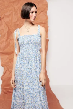 * Vestido Midi Flores Lino Algodon Azul Claro Best