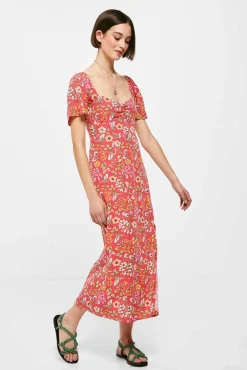 * Vestido Midi Frunce Escote Estampado Rojo Online
