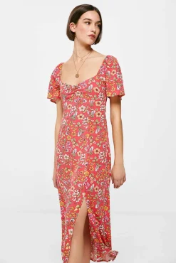 * Vestido Midi Frunce Escote Estampado Rojo Online