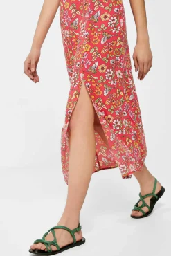 * Vestido Midi Frunce Escote Estampado Rojo Online