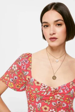 * Vestido Midi Frunce Escote Estampado Rojo Online