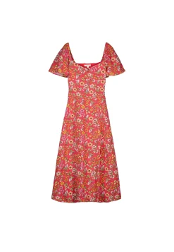 * Vestido Midi Frunce Escote Estampado Rojo Online