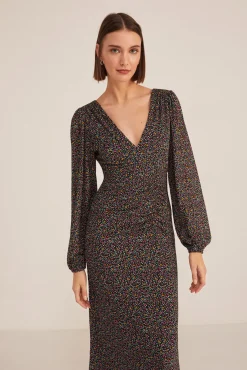 * Vestido Midi Frunces Estampado Dorado Discount