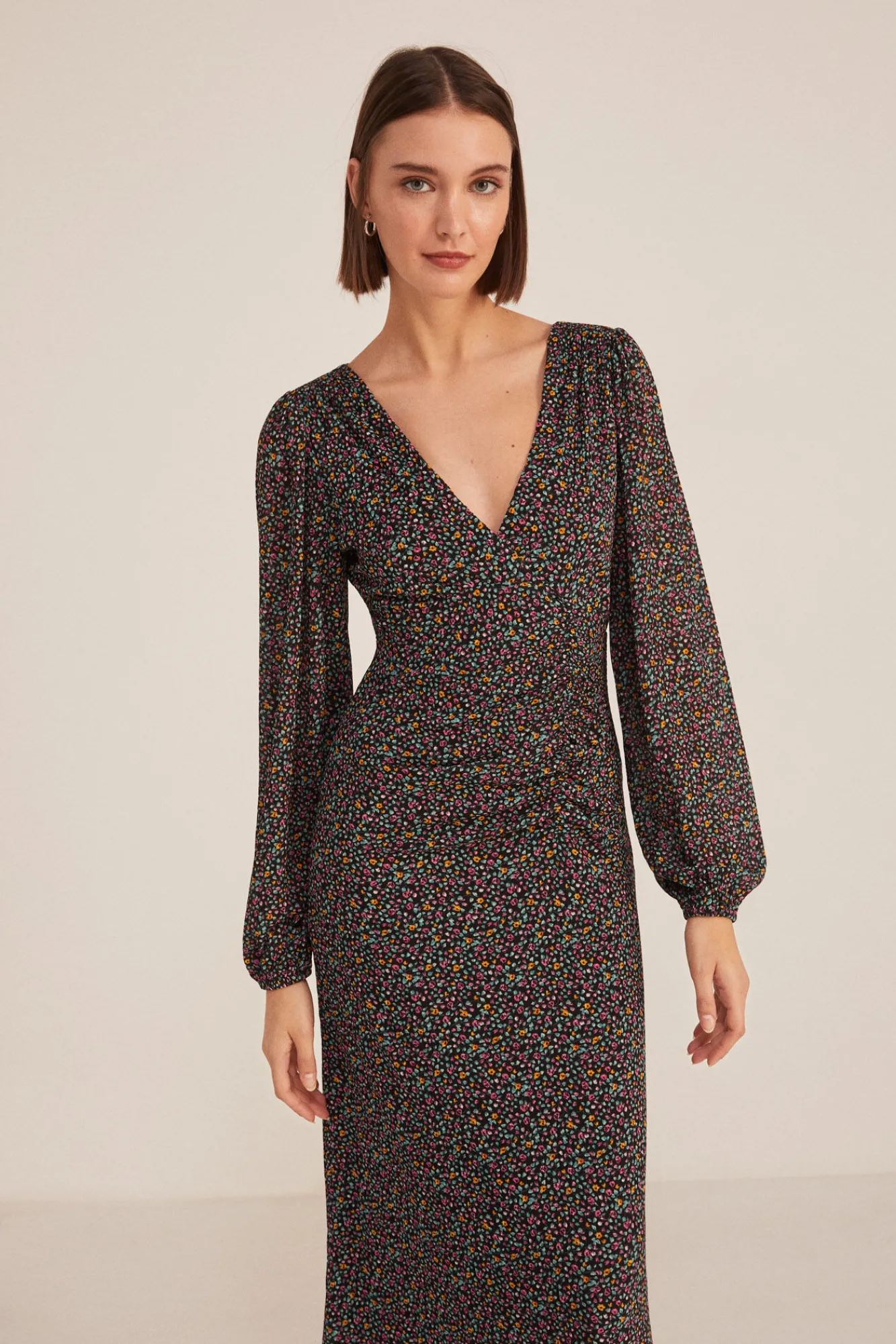 * Vestido Midi Frunces Estampado Dorado Discount