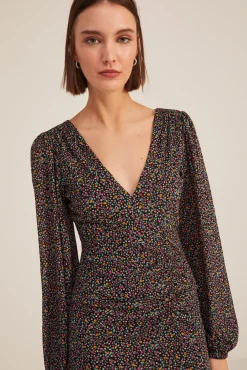 * Vestido Midi Frunces Estampado Dorado Discount