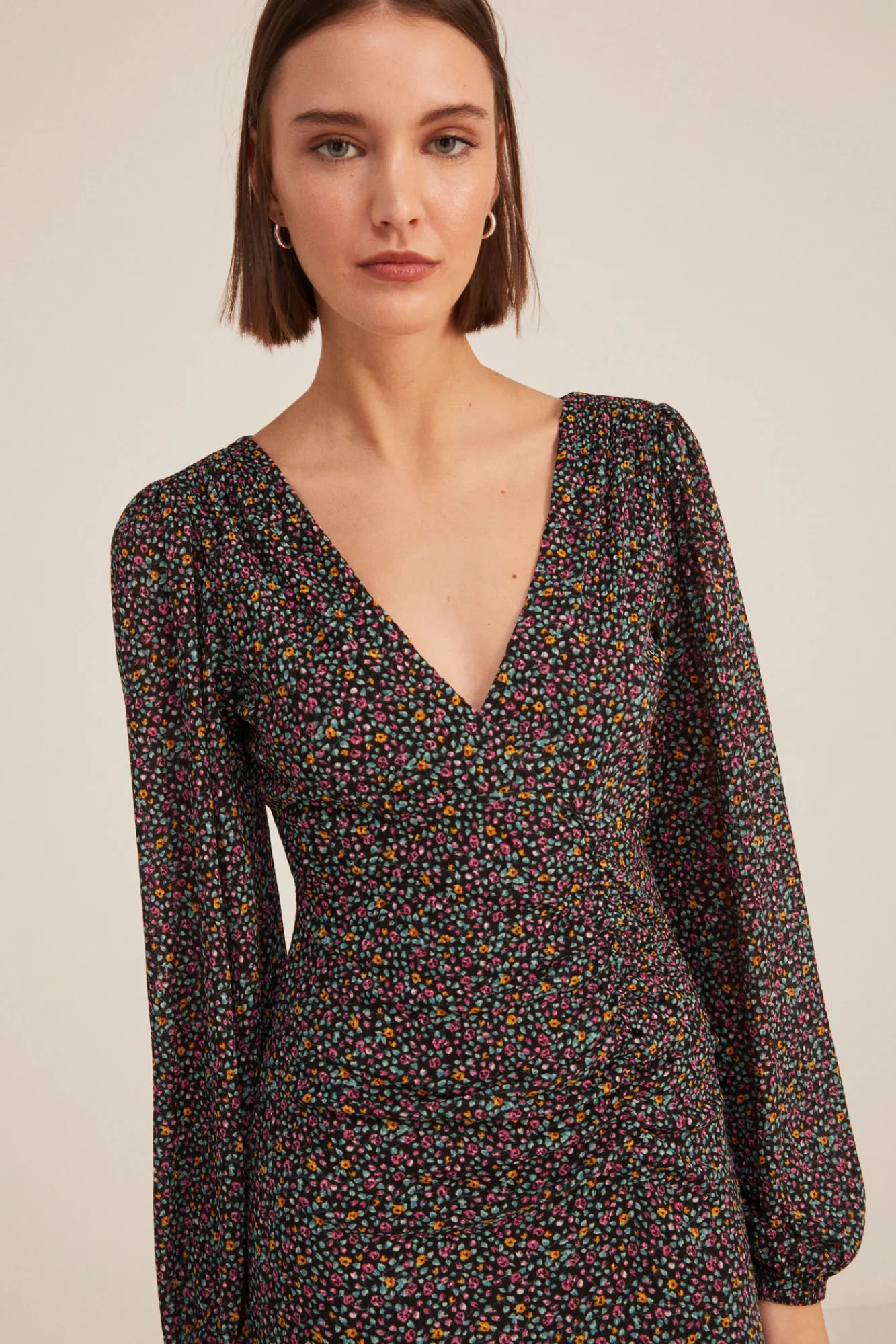 * Vestido Midi Frunces Estampado Dorado Discount