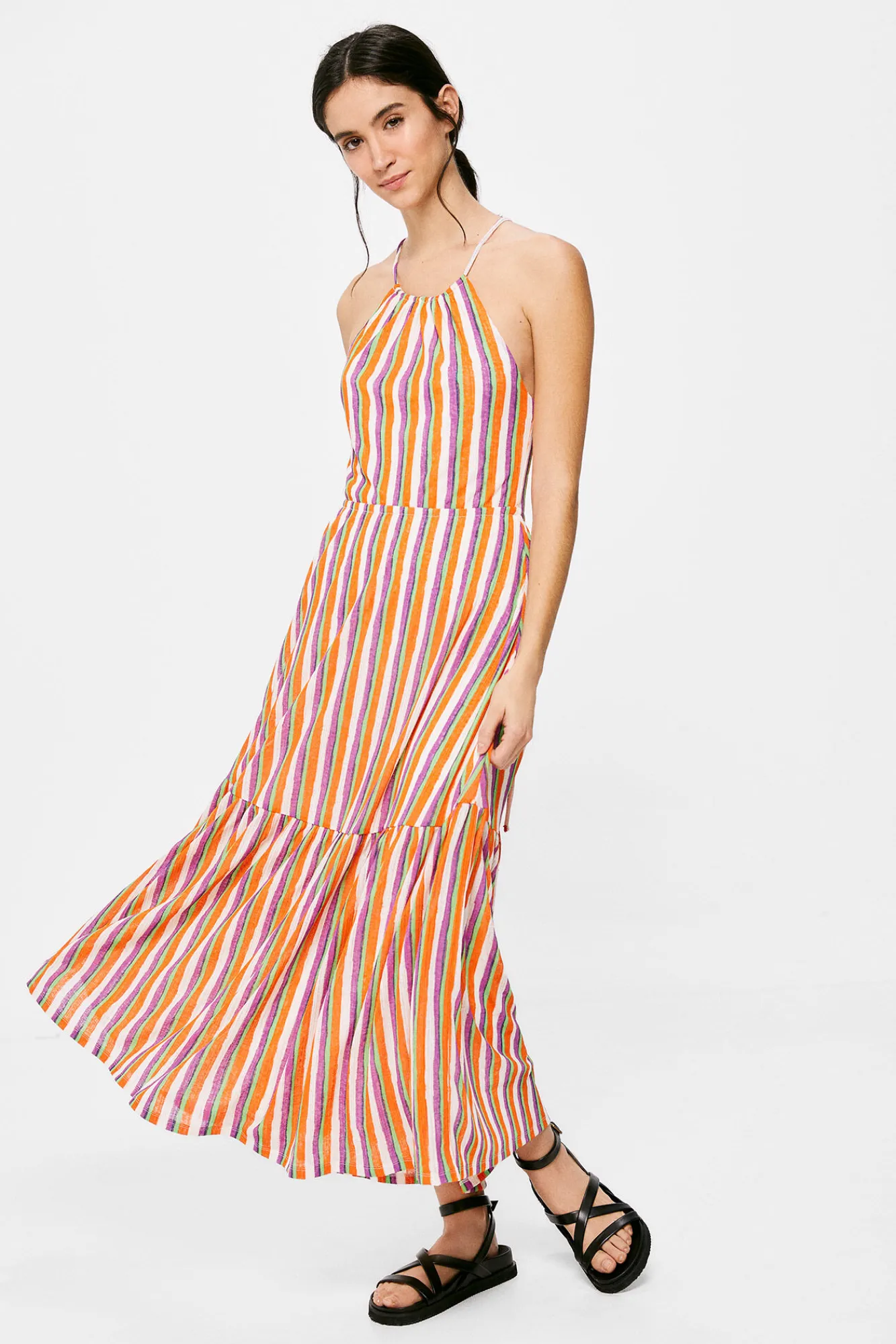 * Vestido Midi Halter Rayas Naranja Best