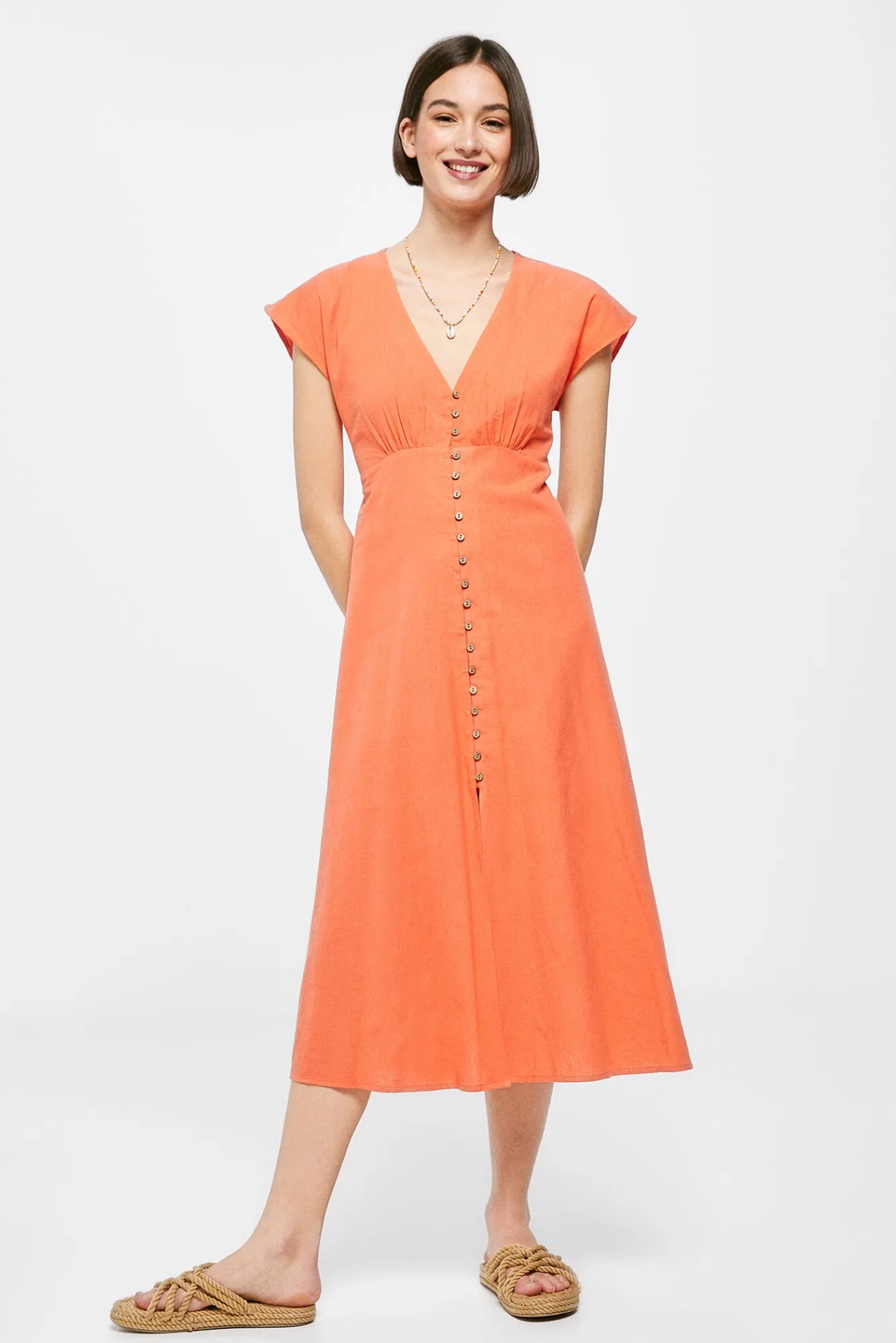 * Vestido Midi Liso Botones Lino Algodon Naranja Hot