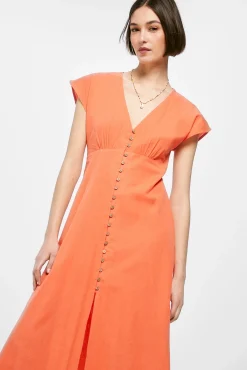 * Vestido Midi Liso Botones Lino Algodon Naranja Hot