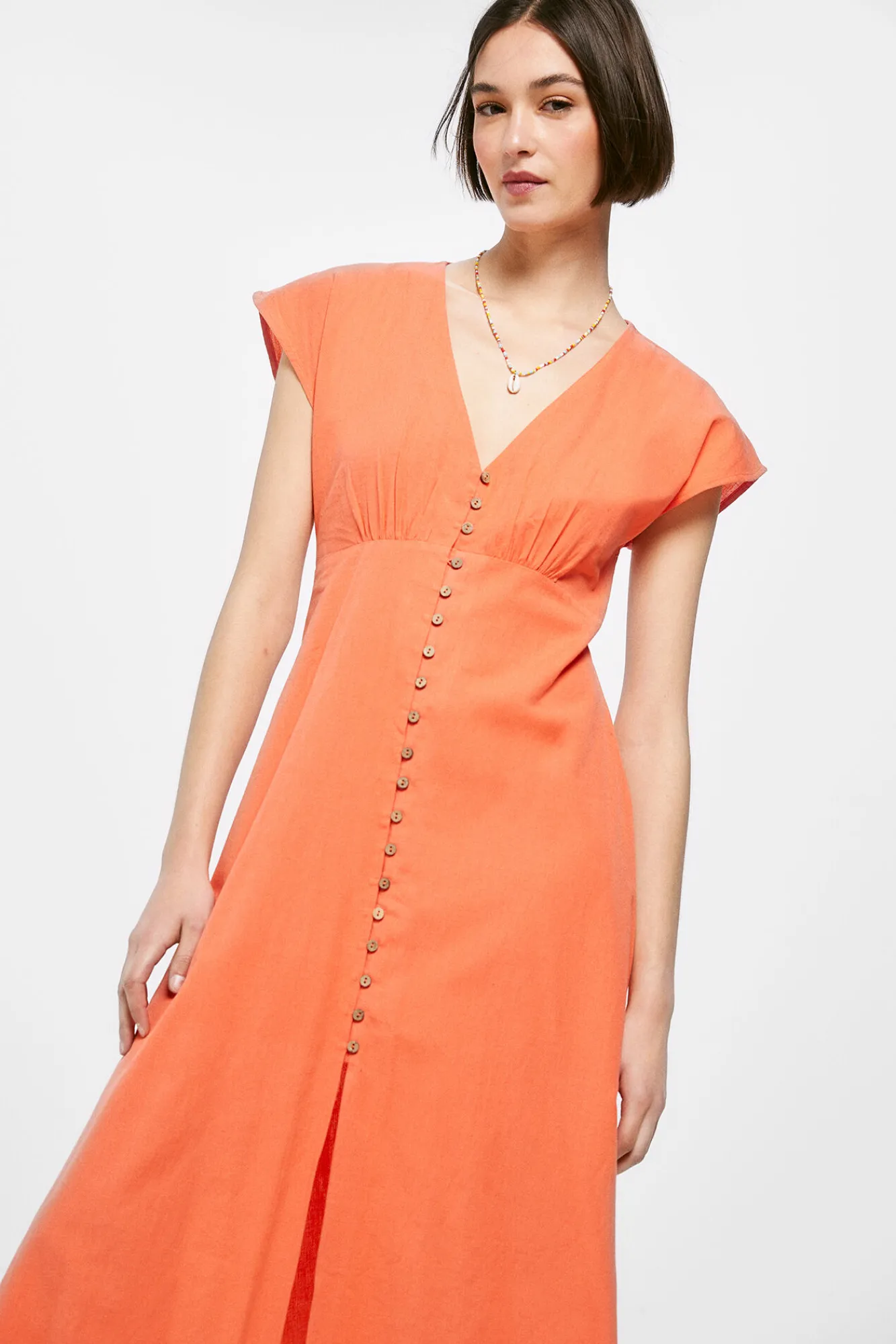 * Vestido Midi Liso Botones Lino Algodon Naranja Hot