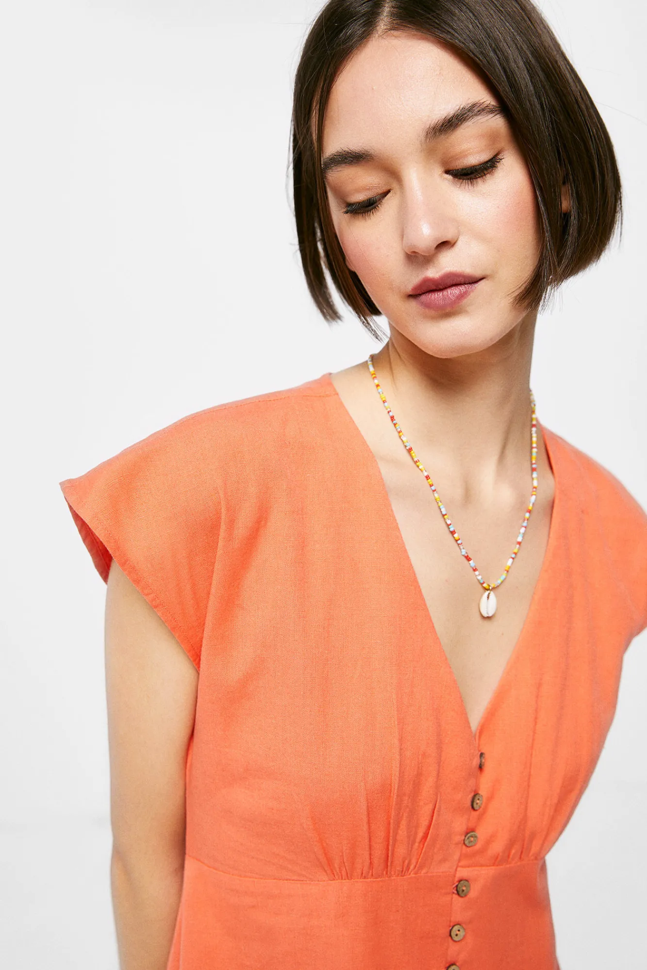 * Vestido Midi Liso Botones Lino Algodon Naranja Hot