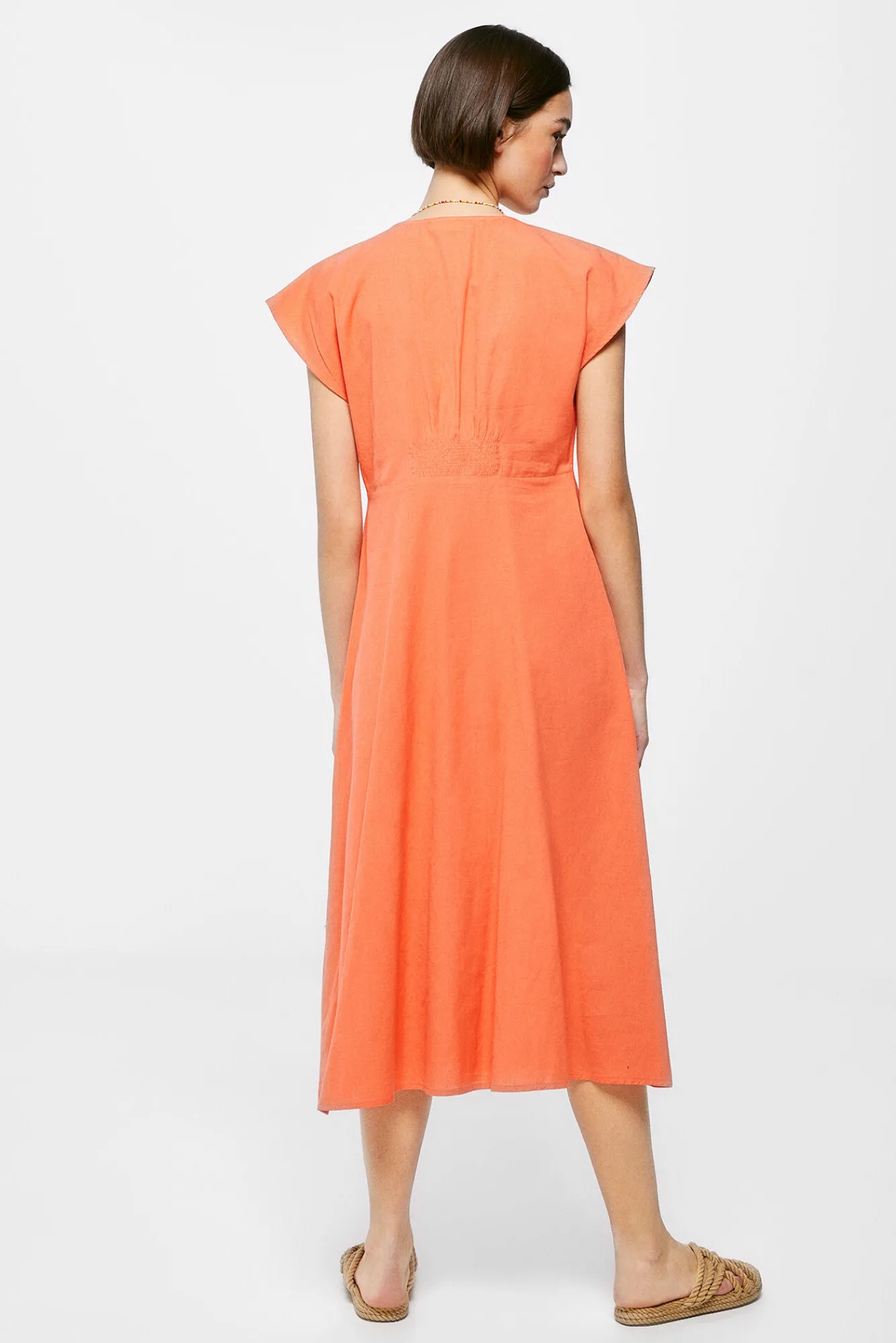 * Vestido Midi Liso Botones Lino Algodon Naranja Hot