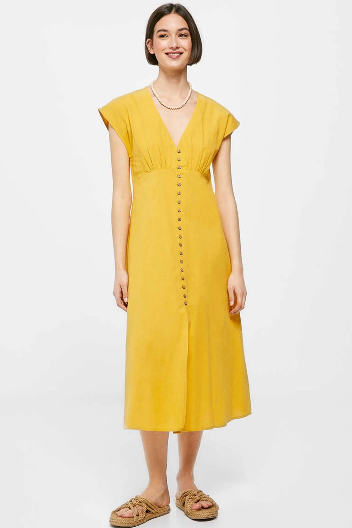 * Vestido Midi Liso Botones Lino Algodon Estampado Amarillo Sale
