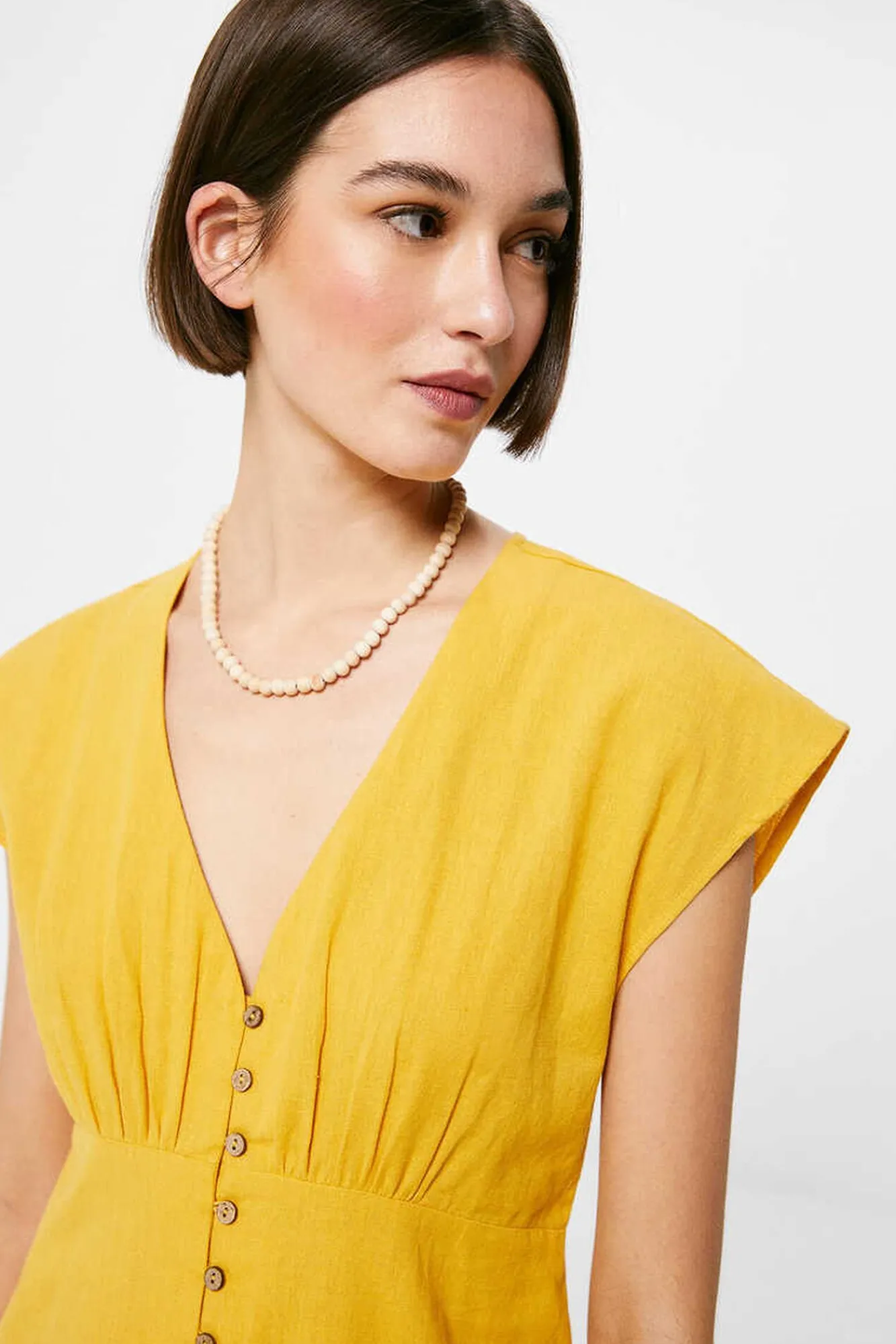 * Vestido Midi Liso Botones Lino Algodon Estampado Amarillo Sale