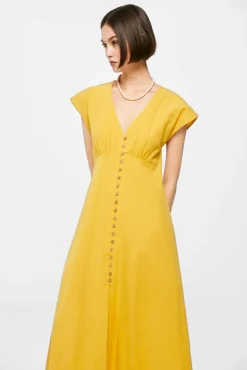 * Vestido Midi Liso Botones Lino Algodon Estampado Amarillo Sale