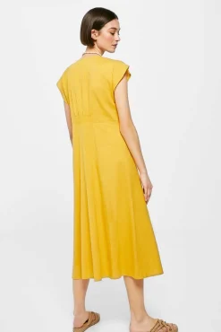 * Vestido Midi Liso Botones Lino Algodon Estampado Amarillo Sale
