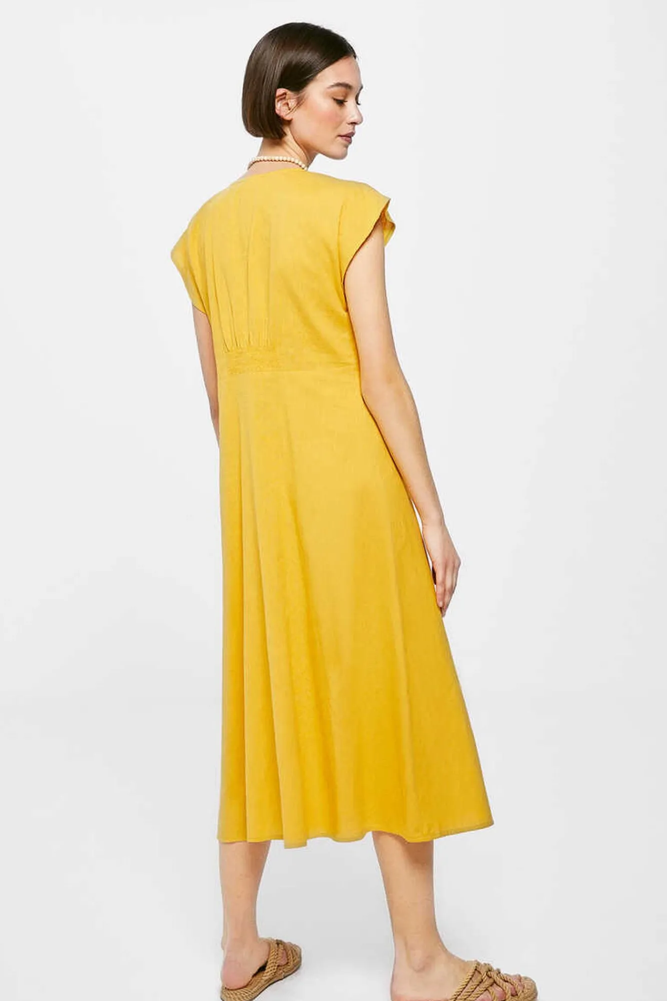 * Vestido Midi Liso Botones Lino Algodon Estampado Amarillo Sale