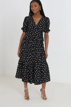 Brave Soul Vestido Midi Manga Corta Y Print Floral. Negro