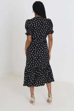 Brave Soul Vestido Midi Manga Corta Y Print Floral. Negro