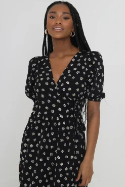 Brave Soul Vestido Midi Manga Corta Y Print Floral. Negro