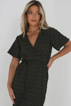 Brave Soul Vestido Midi, Manga Corta Y Print De Cuadros Kaki Oscuro Discount