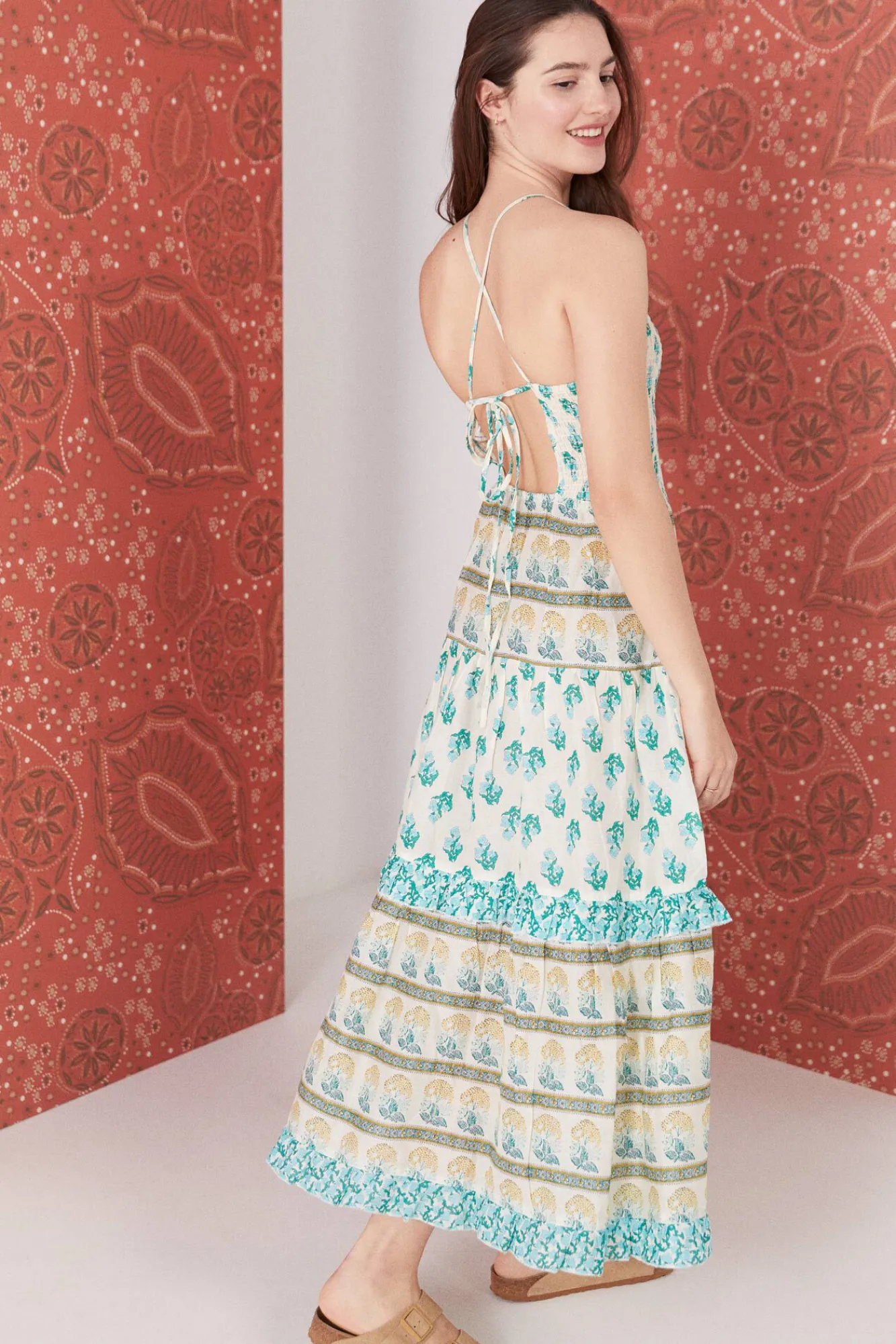 * Vestido Midi Nido De Abeja Estamapado Naranja