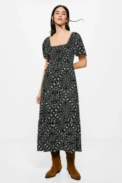 * Vestido Midi Nido De Abeja Estampado Negro Discount