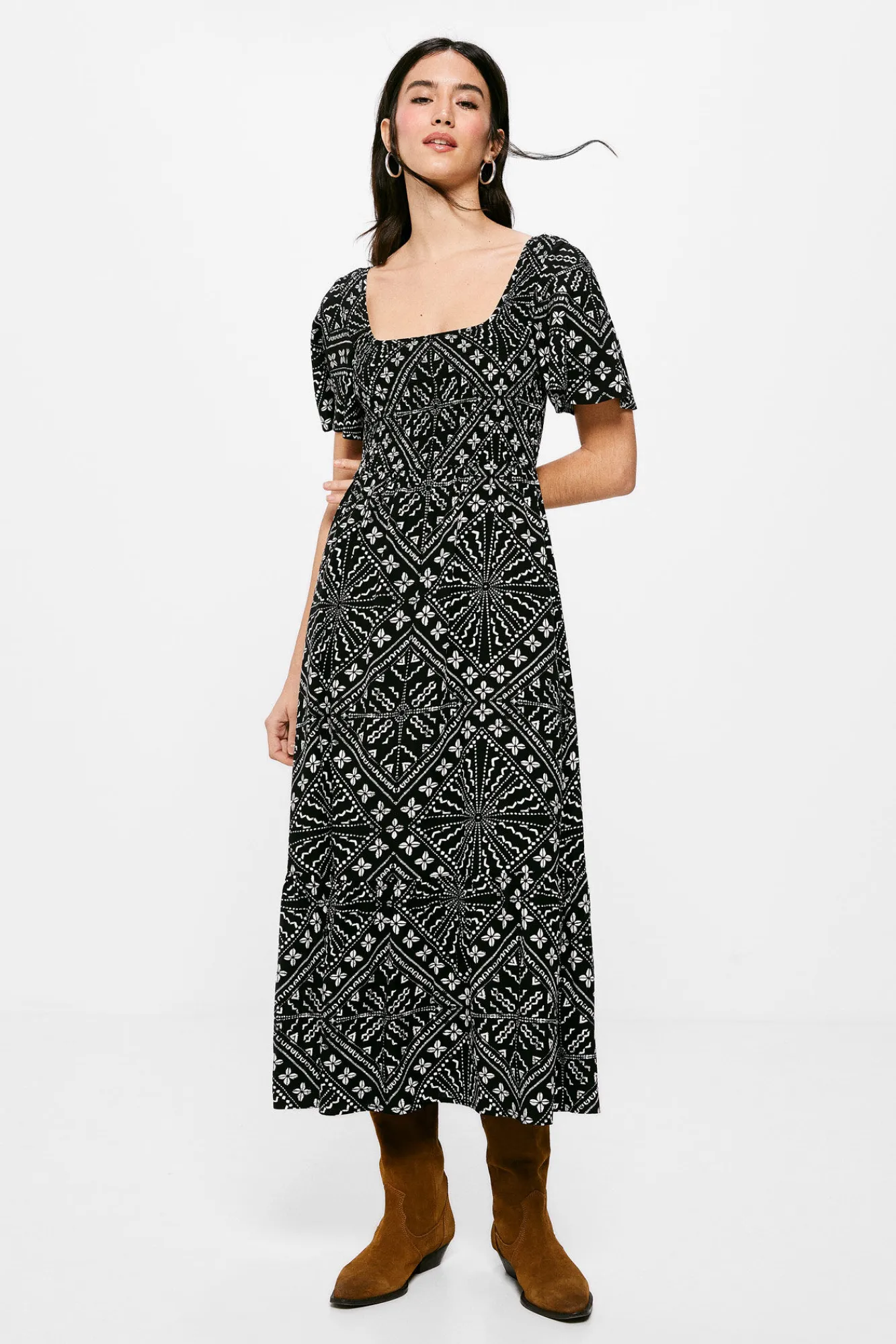 * Vestido Midi Nido De Abeja Estampado Negro Discount
