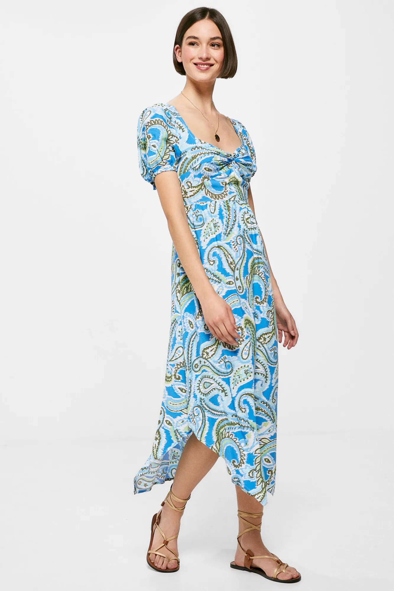 * Vestido Midi Nudo Escote Picos Azul Medio Discount