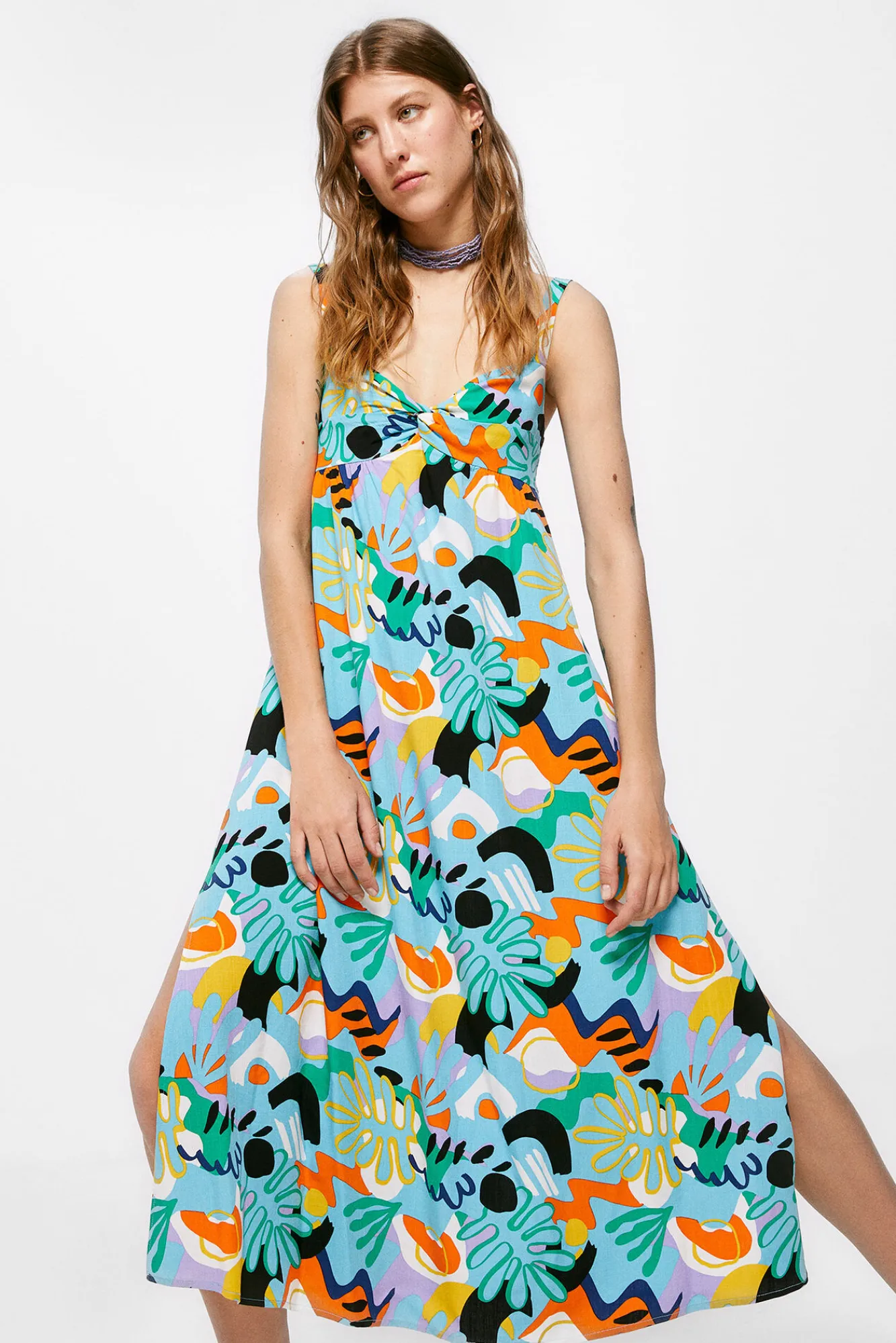 * Vestido Midi Nudo Escote Estampado Turquesa Clearance