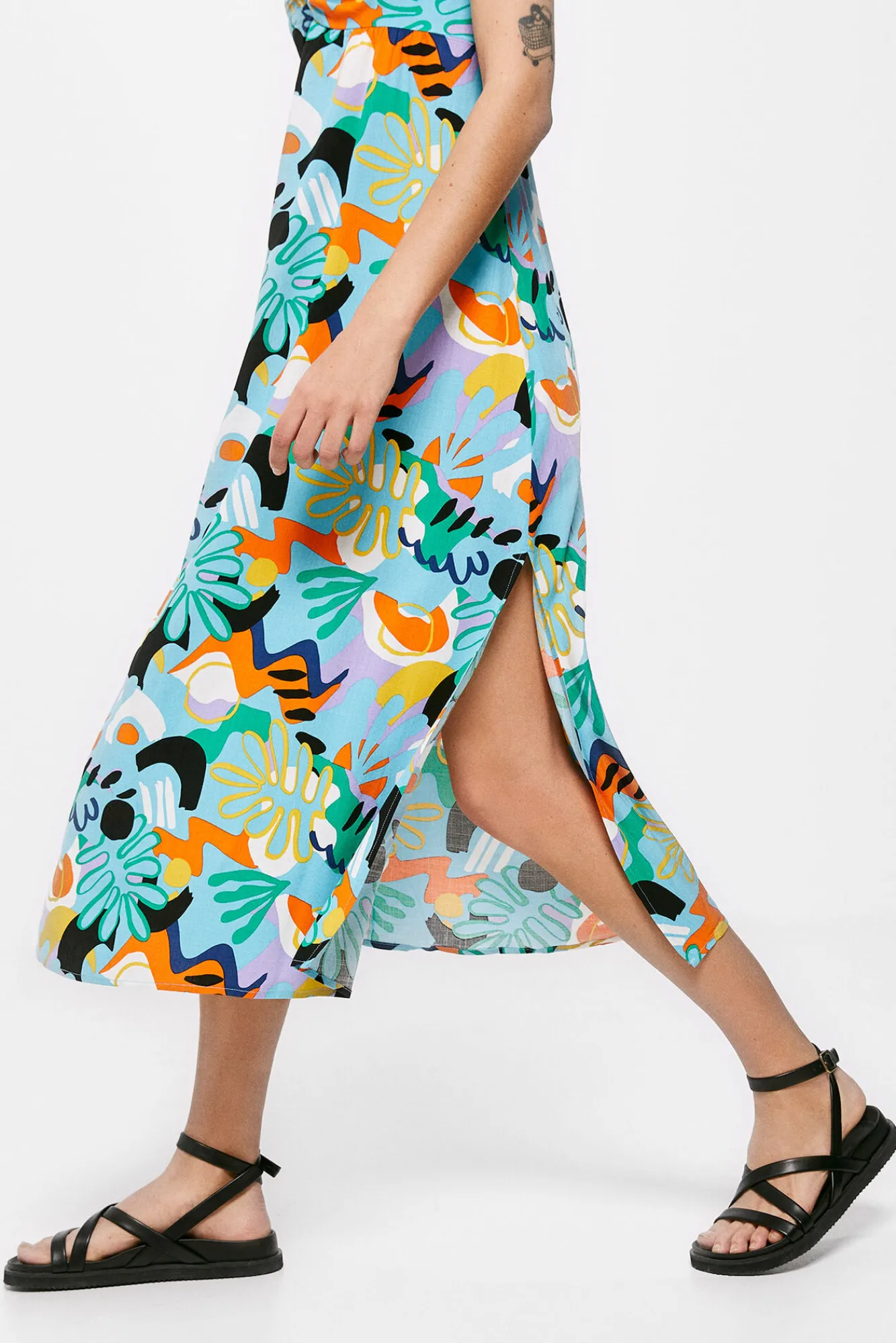 * Vestido Midi Nudo Escote Estampado Turquesa Clearance
