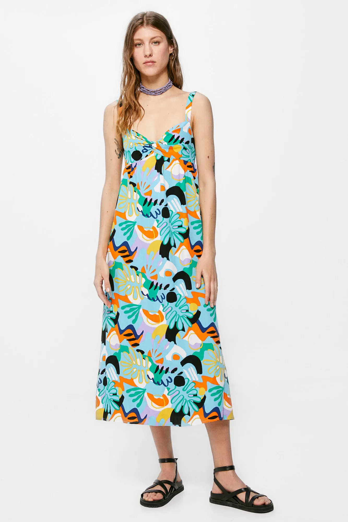 * Vestido Midi Nudo Escote Estampado Turquesa Clearance