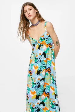 * Vestido Midi Nudo Escote Estampado Turquesa Clearance